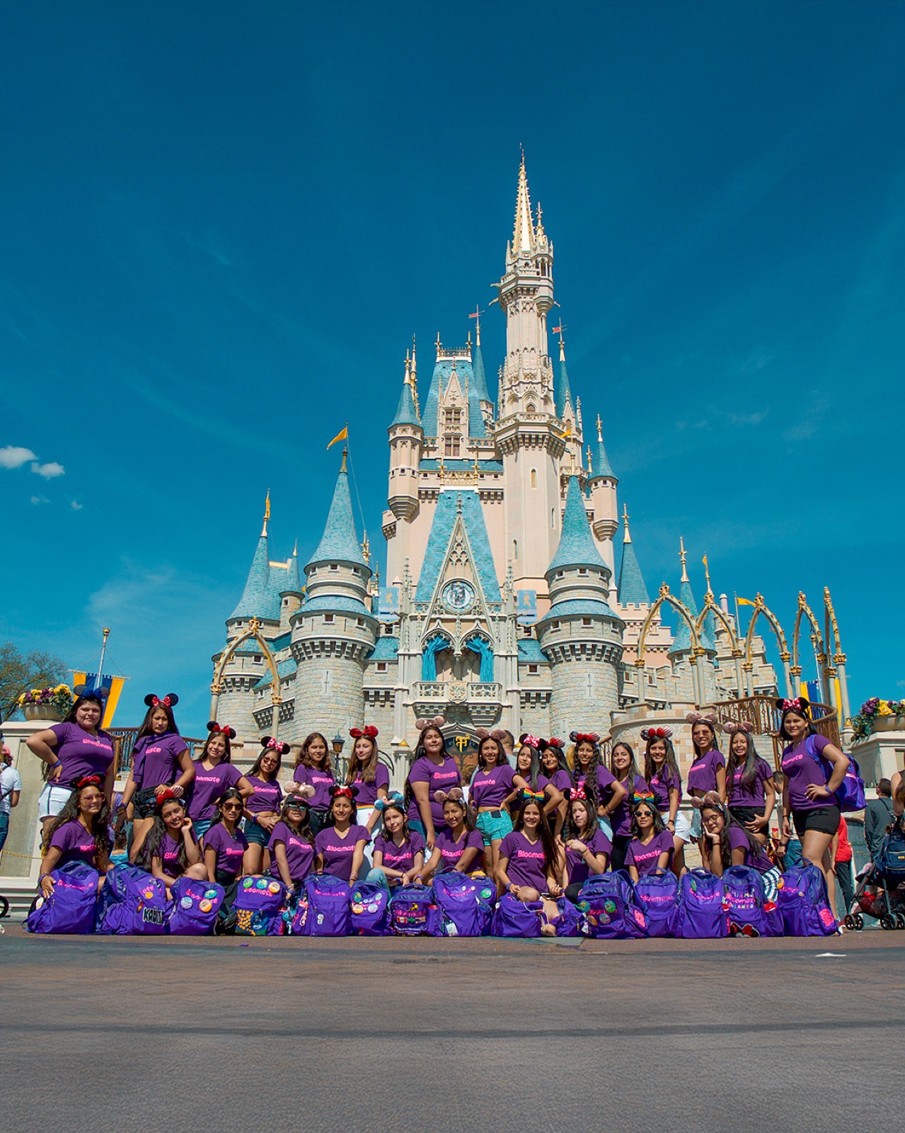 Grupo de quinceañeras Bloomate frente al castillo de Disney