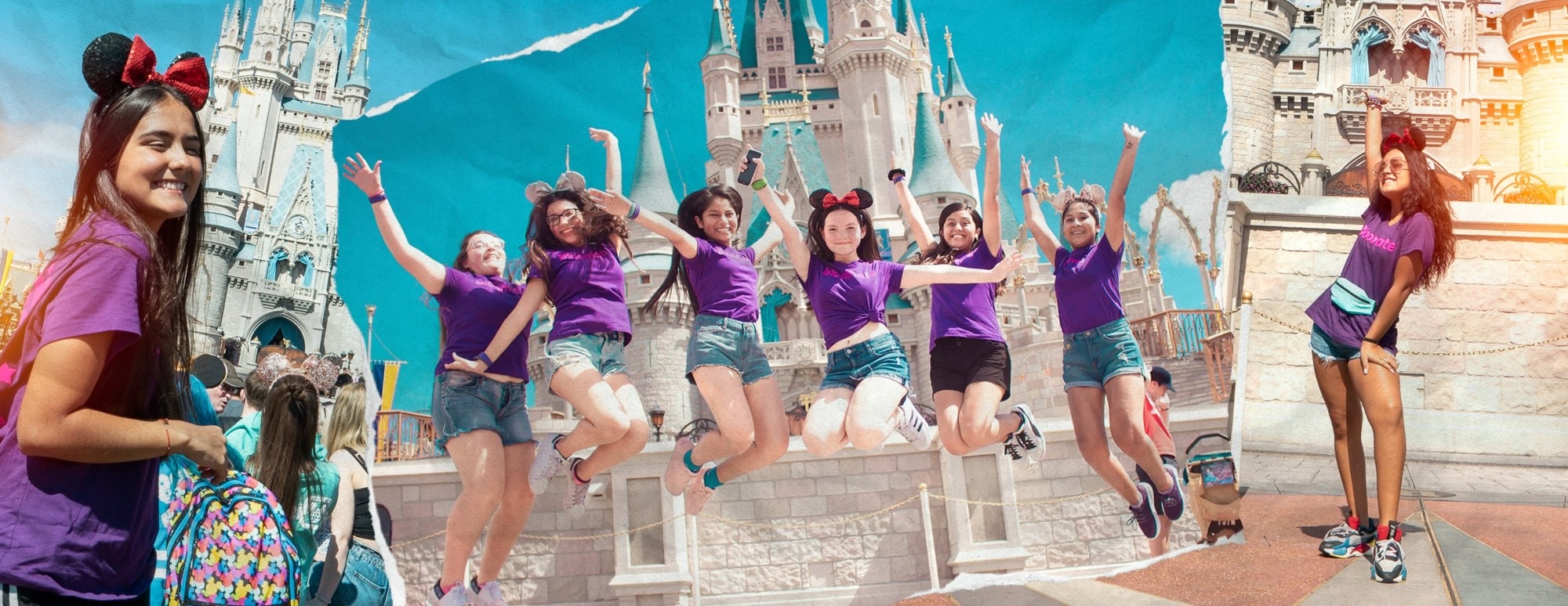 Quinceañeras Bloomate saltando frente al castillo de Magic Kingdom